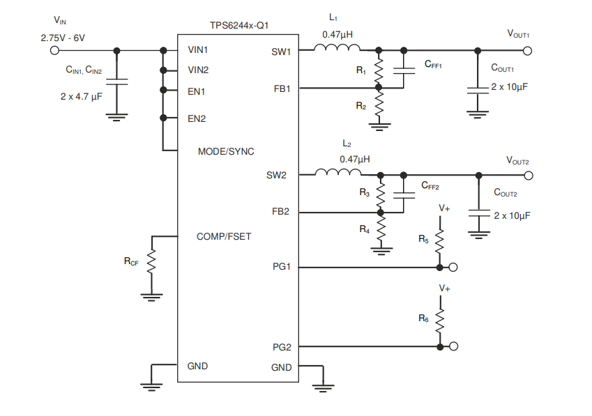 原理图 - Texas Instruments TPS6244x/TPS6244x-Q1双路降压转换器